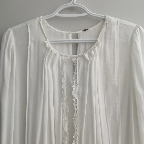 Free People Bohemian Victorian Drop Waist Blouse with Lace White Small - Picture 4 of 14